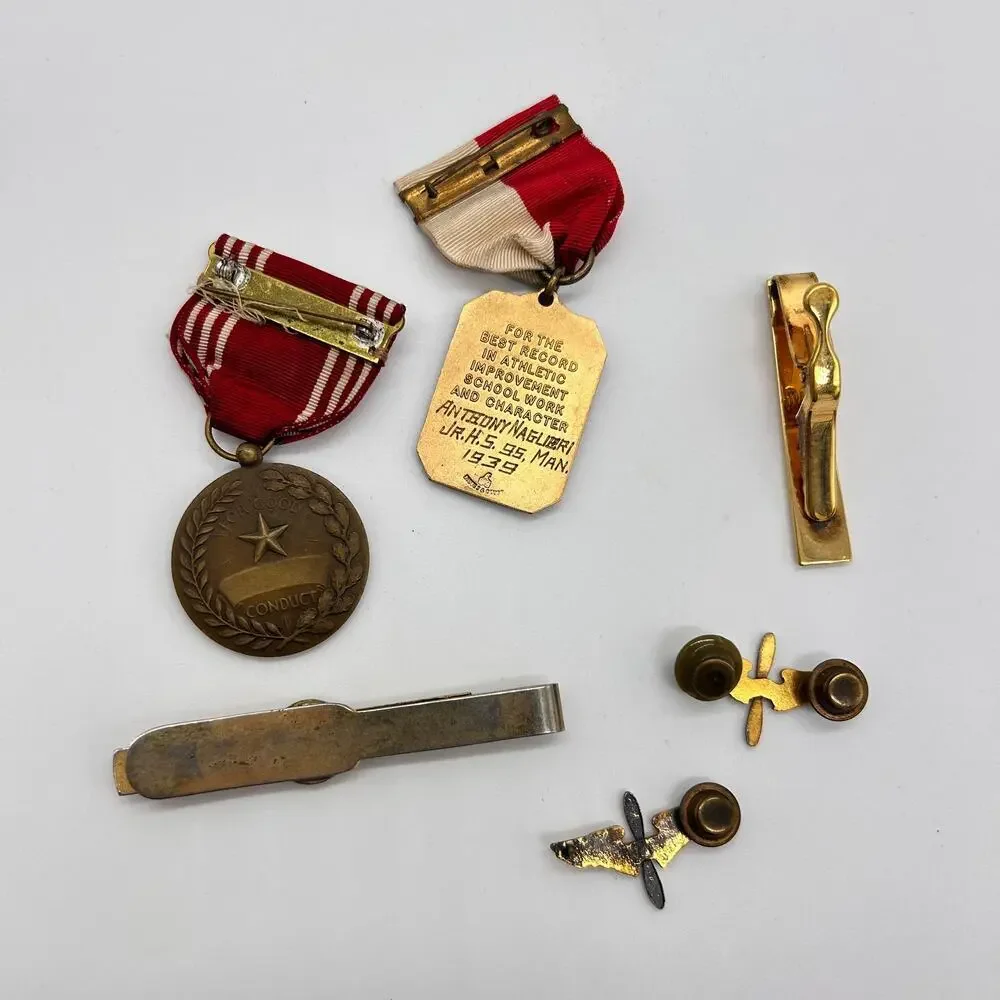 Vintage Medal & Tie Bar Lot PDNY NYPD Wingate DB Sterling Bar Propeller Pin 30s